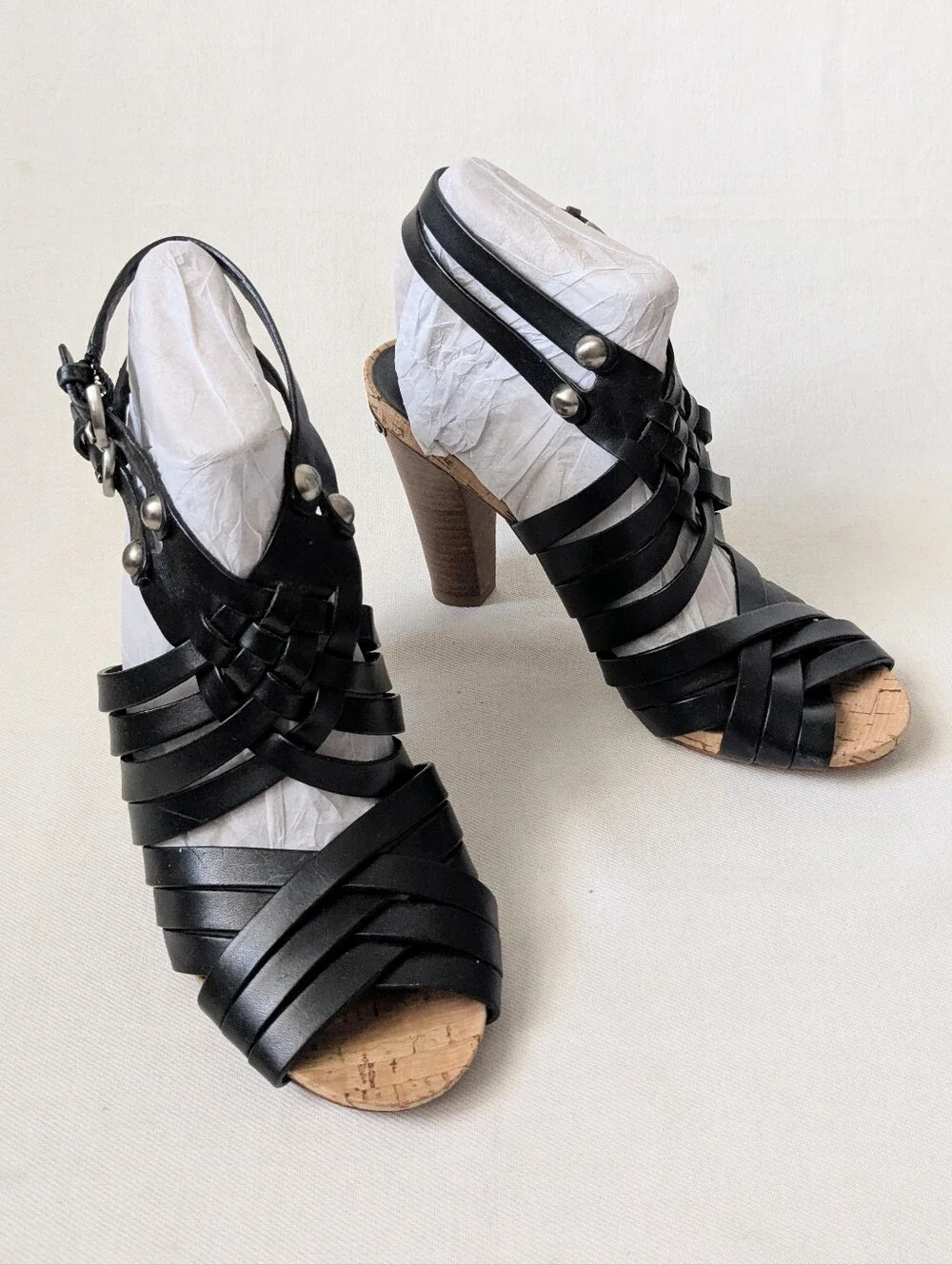 Coach Black Leather Adrienn Strappy Block Heel Cork Sandals 6.5